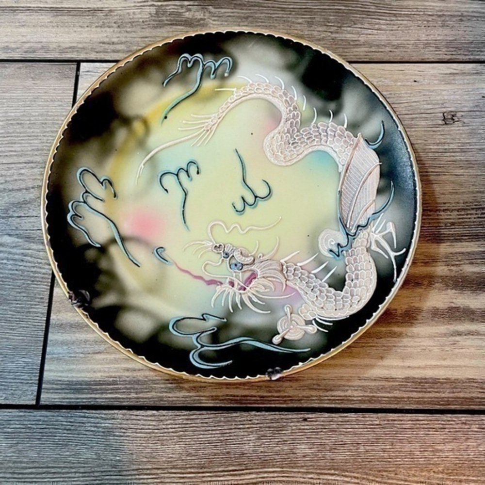Vintage Japan MORIAGE DRAGONWARE SALAD PLATE Black Grey & Aqua Hand-painted